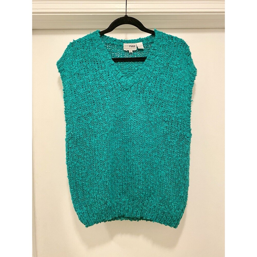Russ Vintage Vest Chunky Knit Sweater Size Large Jade Green 80s Quirky V Neck